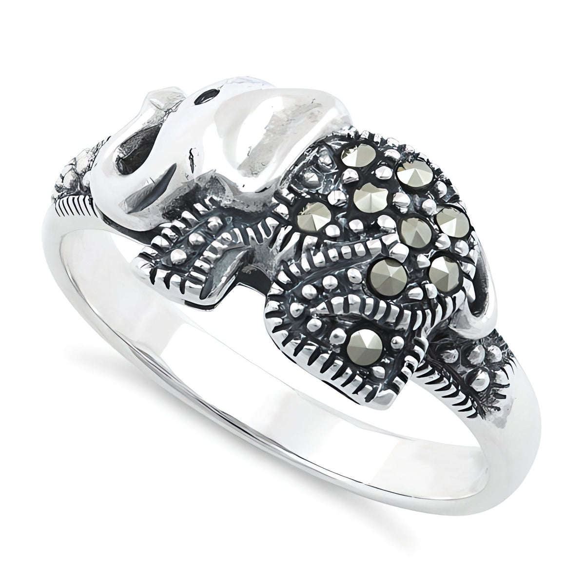 Sterling Silver Marcasite Elephant Oxidized Statement Ring for Women