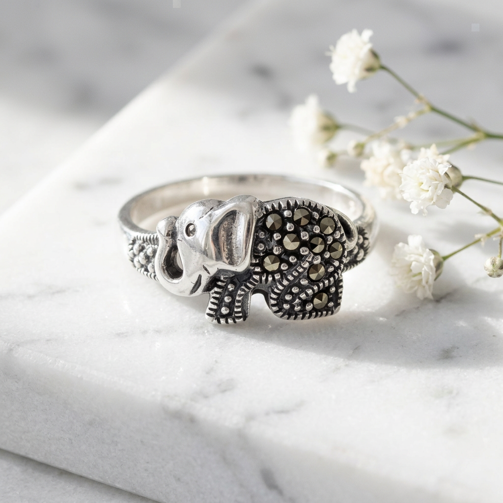 Sterling Silver Marcasite Elephant Oxidized Statement Ring for Women life1