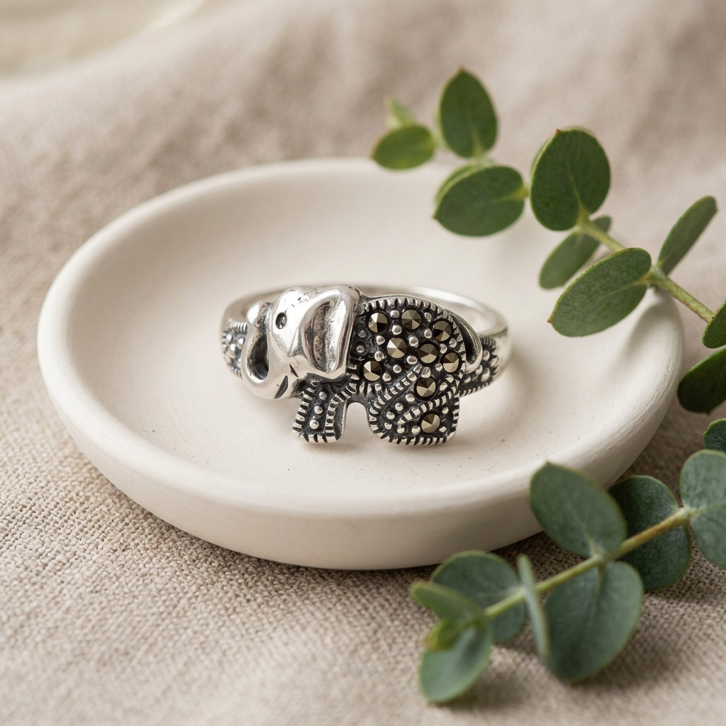 Sterling Silver Marcasite Elephant Oxidized Statement Ring for Women life2