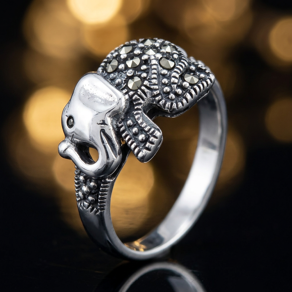 Sterling Silver Marcasite Elephant Oxidized Statement Ring for Women life4