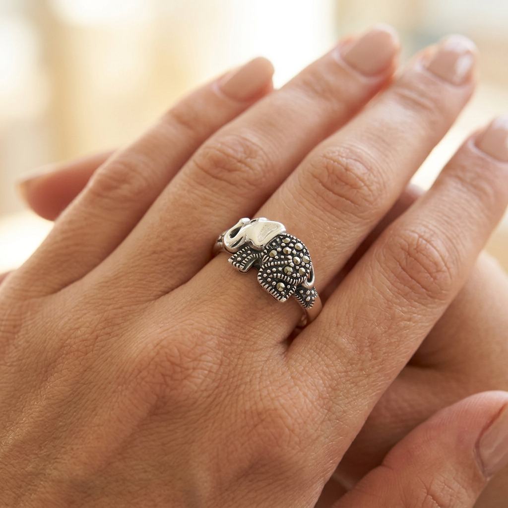 Sterling Silver Marcasite Elephant Oxidized Statement Ring for Women model
