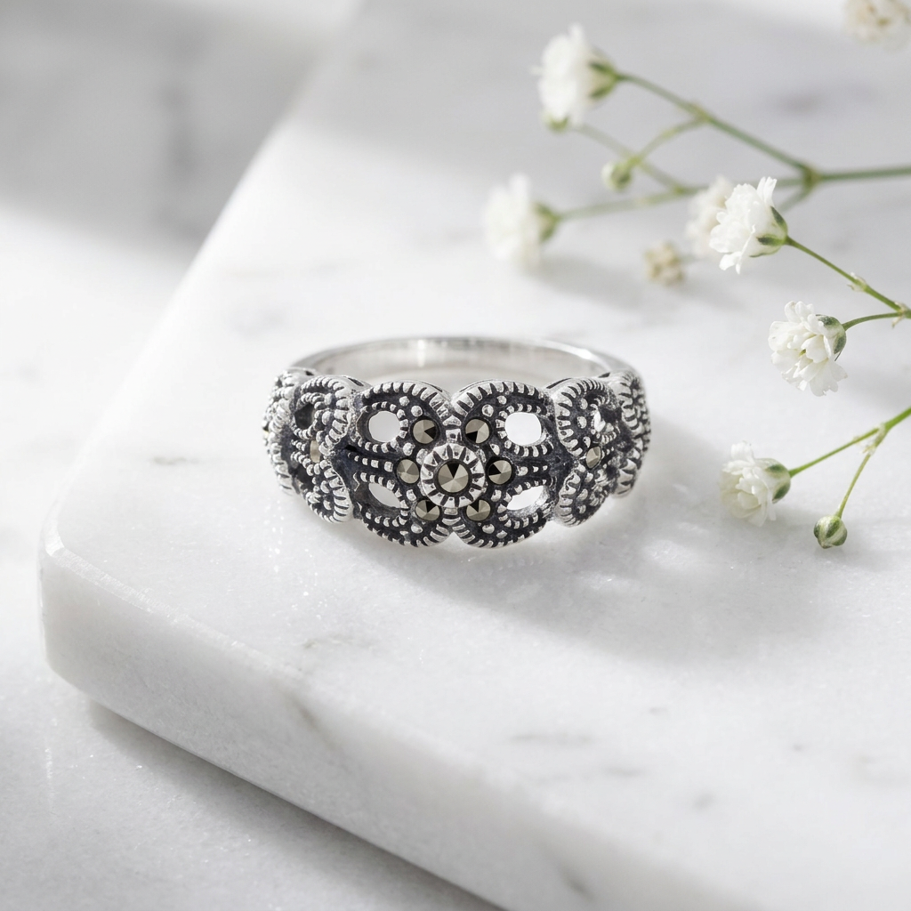 Sterling Silver 4.8mm Marcasite Flower Beaded Ribbon Loop Ring for Women life1