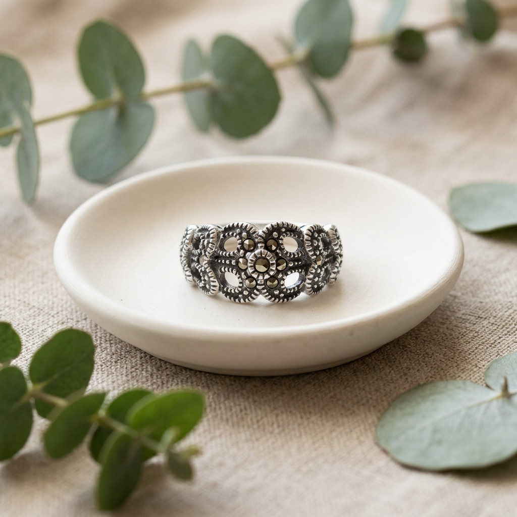 Sterling Silver 4.8mm Marcasite Flower Beaded Ribbon Loop Ring for Women life2