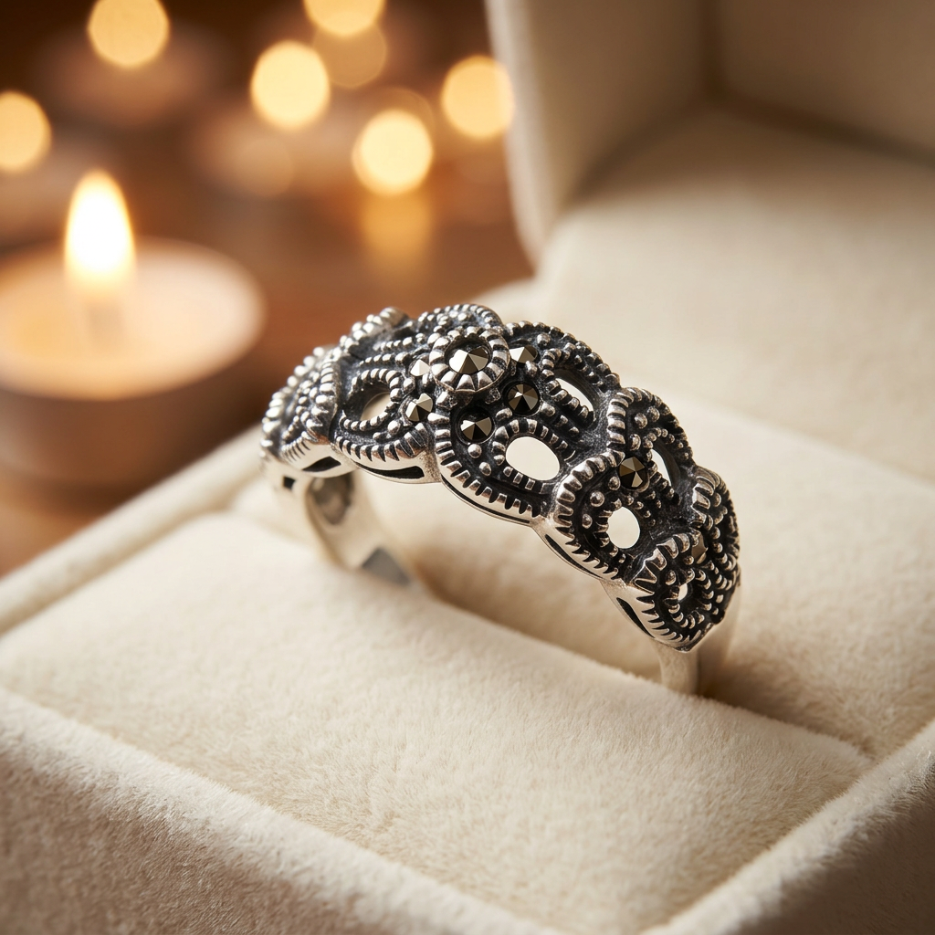 Sterling Silver 4.8mm Marcasite Flower Beaded Ribbon Loop Ring for Women life3
