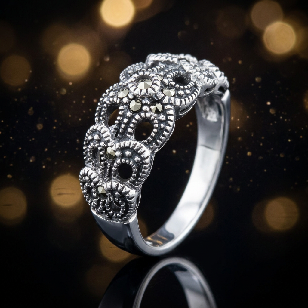 Sterling Silver 4.8mm Marcasite Flower Beaded Ribbon Loop Ring for Women life4