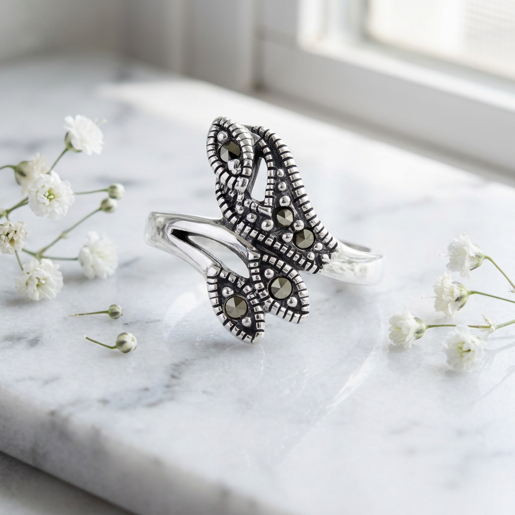 Sterling Silver 2.8mm Marcasite Leaf Bypass Wrap Ring for Women life1