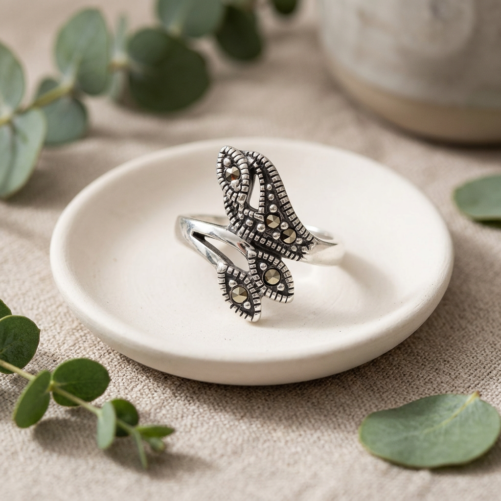 Sterling Silver 2.8mm Marcasite Leaf Bypass Wrap Ring for Women life2