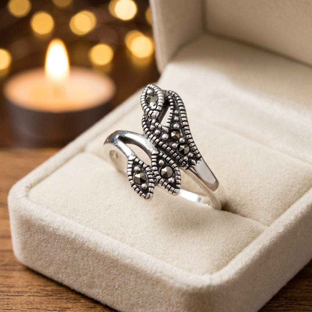 Sterling Silver 2.8mm Marcasite Leaf Bypass Wrap Ring for Women life3