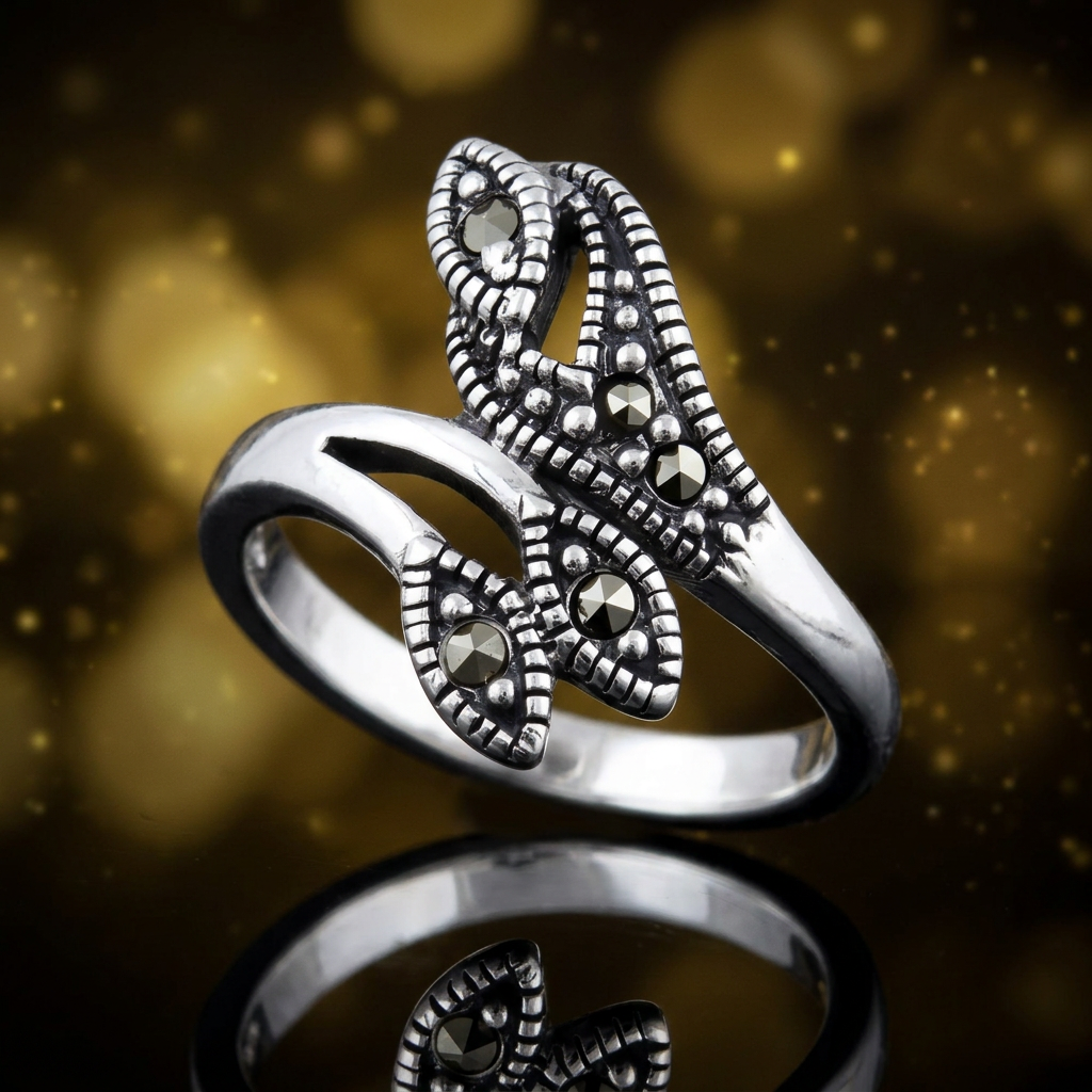 Sterling Silver 2.8mm Marcasite Leaf Bypass Wrap Ring for Women life4