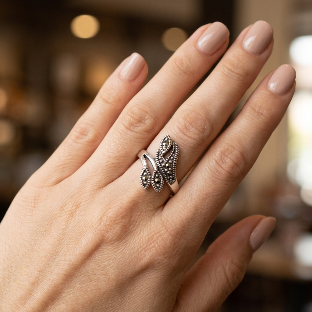 Sterling Silver 2.8mm Marcasite Leaf Bypass Wrap Ring for Women model