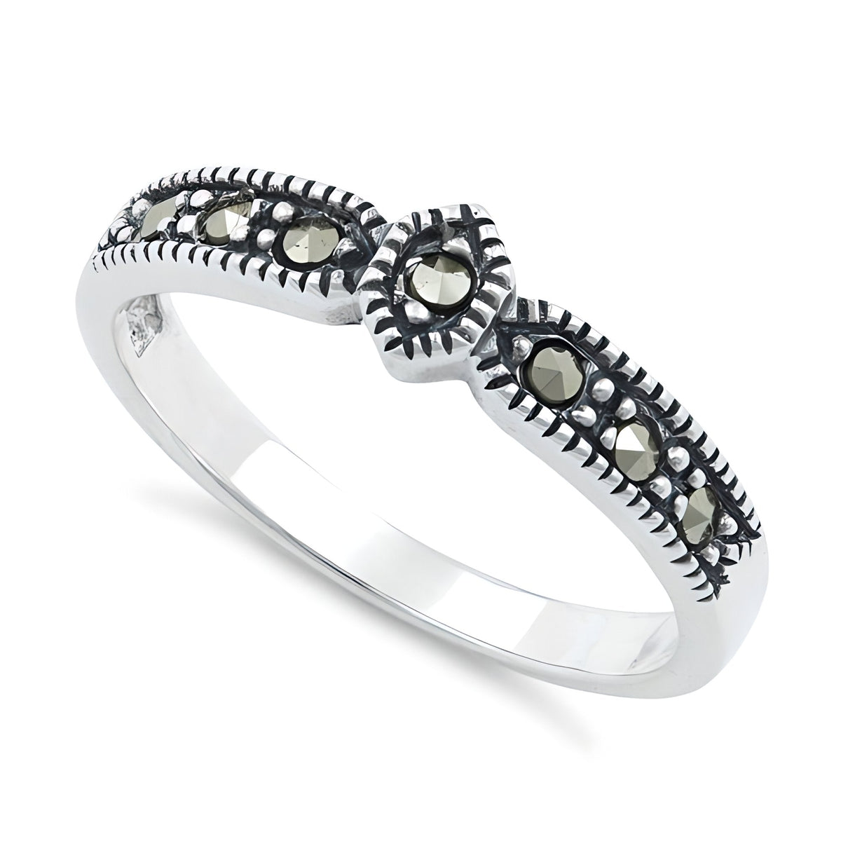 Sterling Silver Marcasite Hexagon Center Half Band Ring for Women