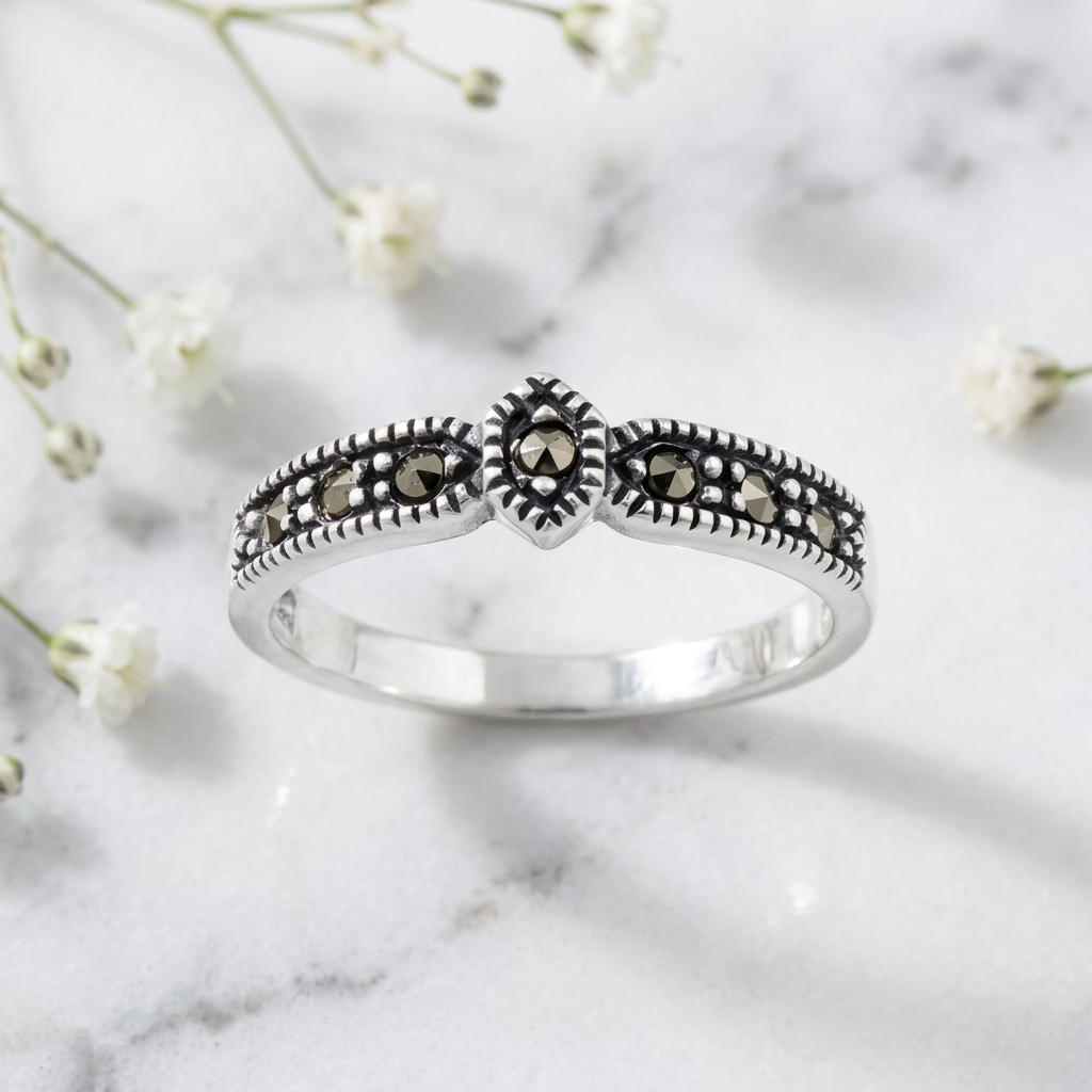 Sterling Silver Marcasite Hexagon Center Half Band Ring for Women life1
