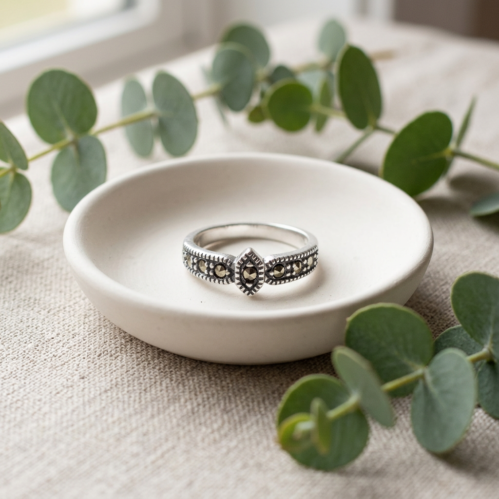 Sterling Silver Marcasite Hexagon Center Half Band Ring for Women life2