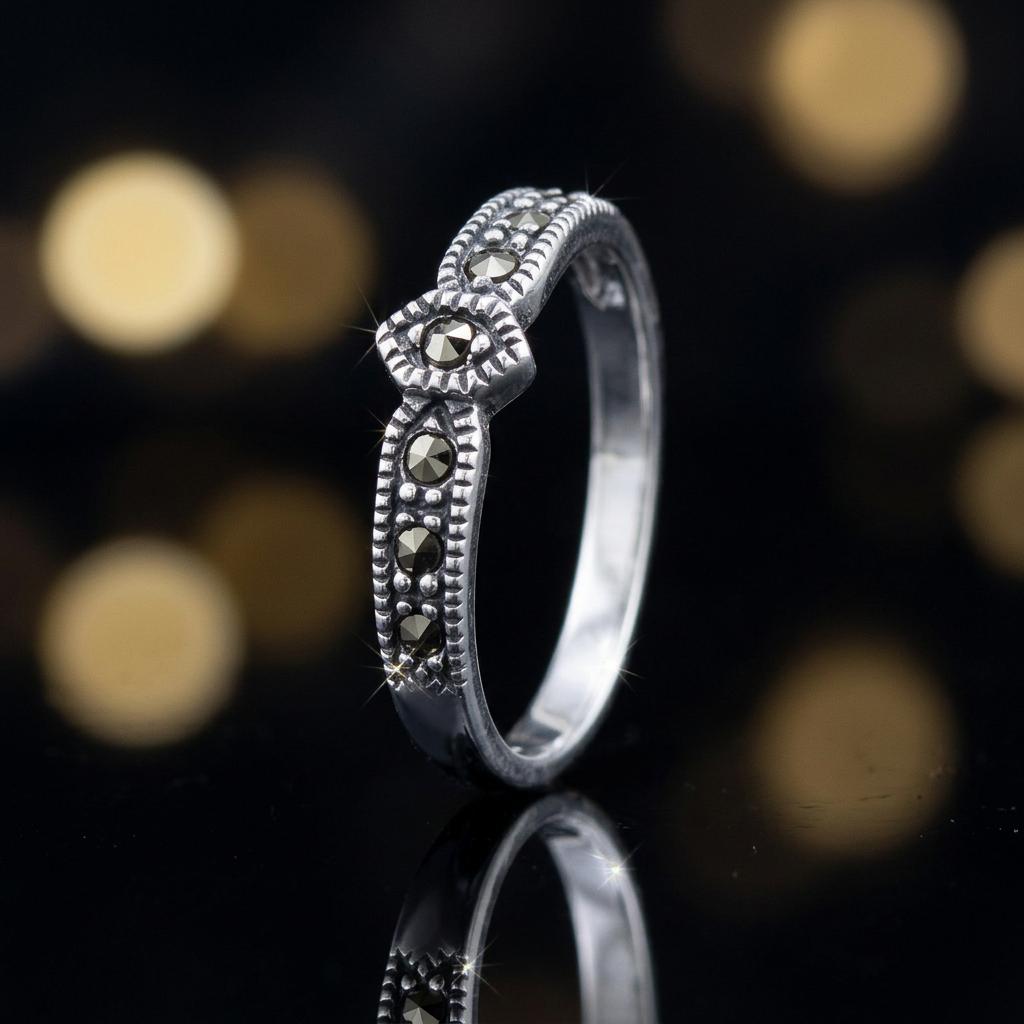 Sterling Silver Marcasite Hexagon Center Half Band Ring for Women life4