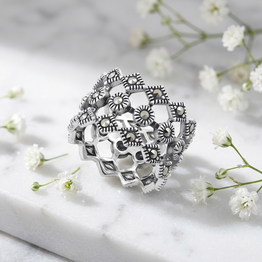 Sterling Silver 13.6mm Marcasite Circle and Rhombus Openwork Ring for Women life1