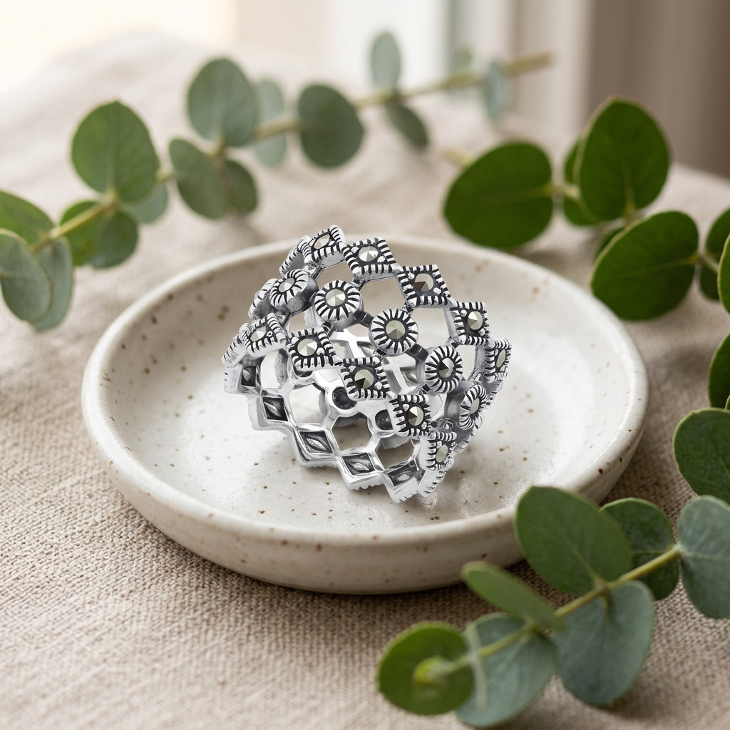 Sterling Silver 13.6mm Marcasite Circle and Rhombus Openwork Ring for Women life2