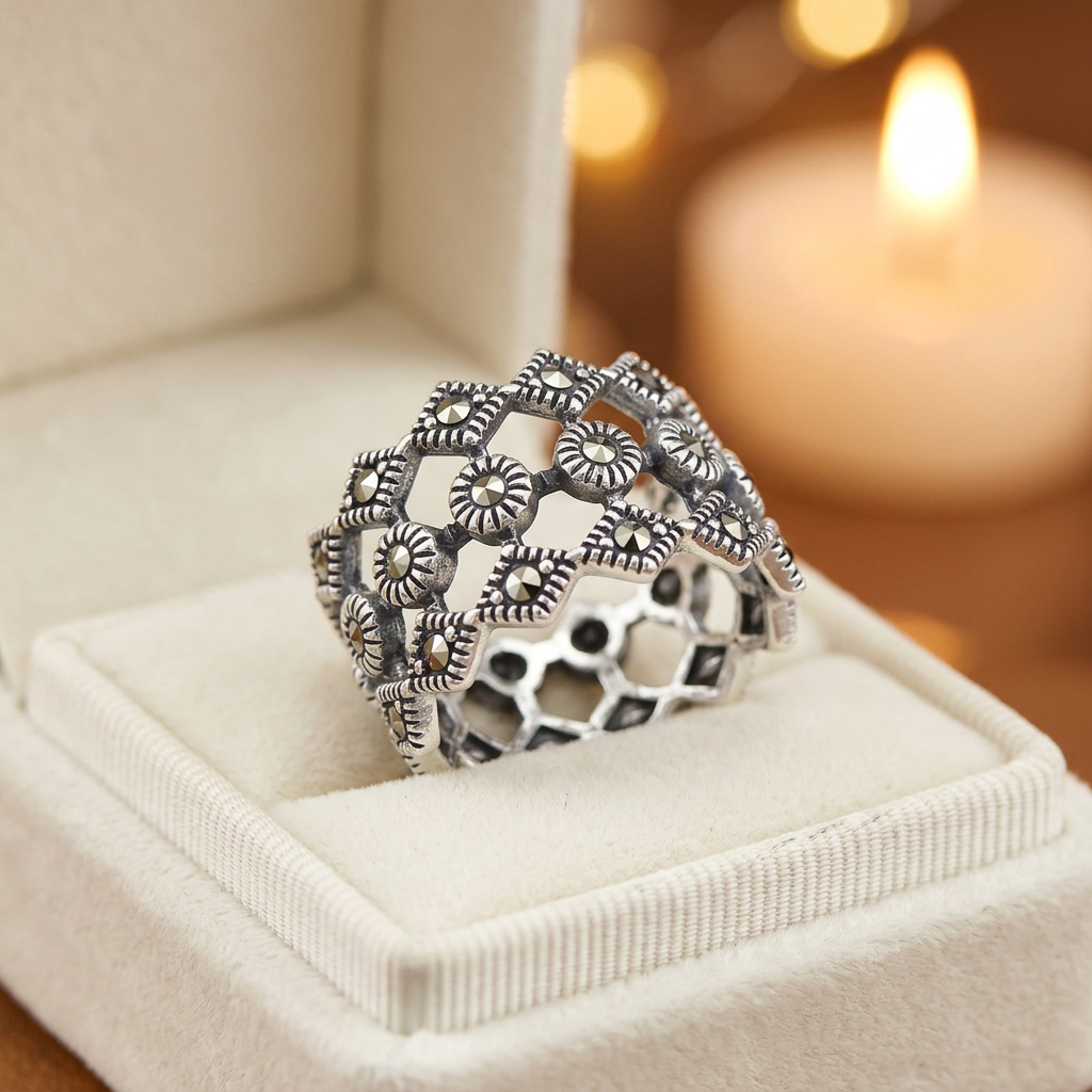 Sterling Silver 13.6mm Marcasite Circle and Rhombus Openwork Ring for Women life3