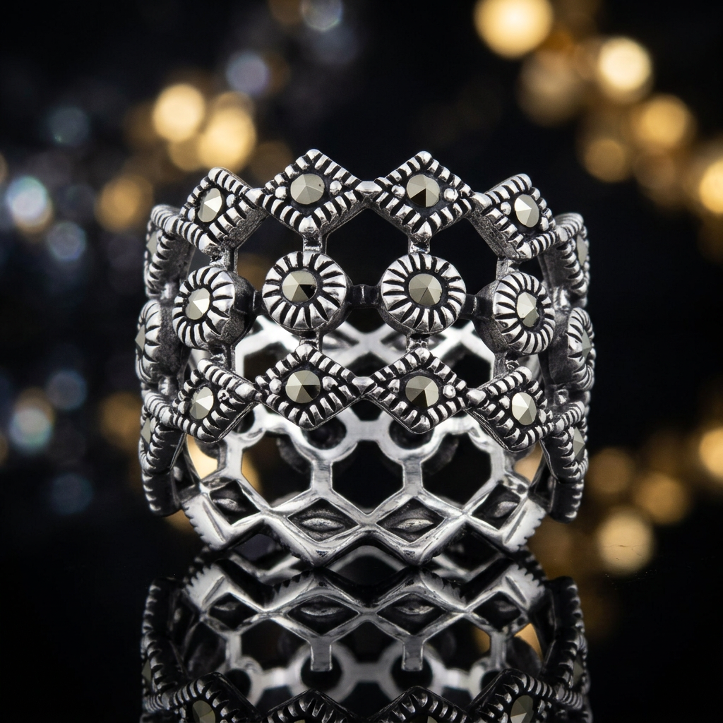 Sterling Silver 13.6mm Marcasite Circle and Rhombus Openwork Ring for Women life4