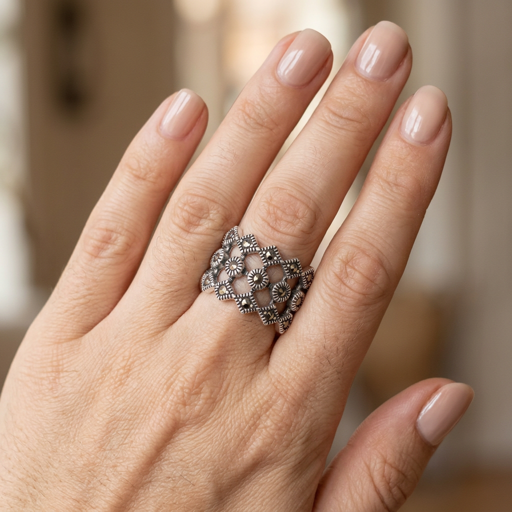 Sterling Silver 13.6mm Marcasite Circle and Rhombus Openwork Ring for Women model