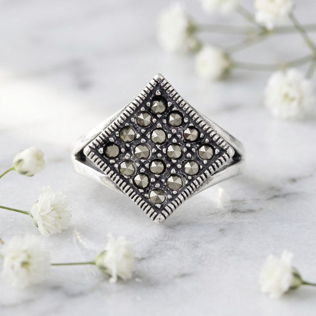 Sterling Silver 3.9mm Marcasite Rhombus Pave Cocktail Ring for Women life1