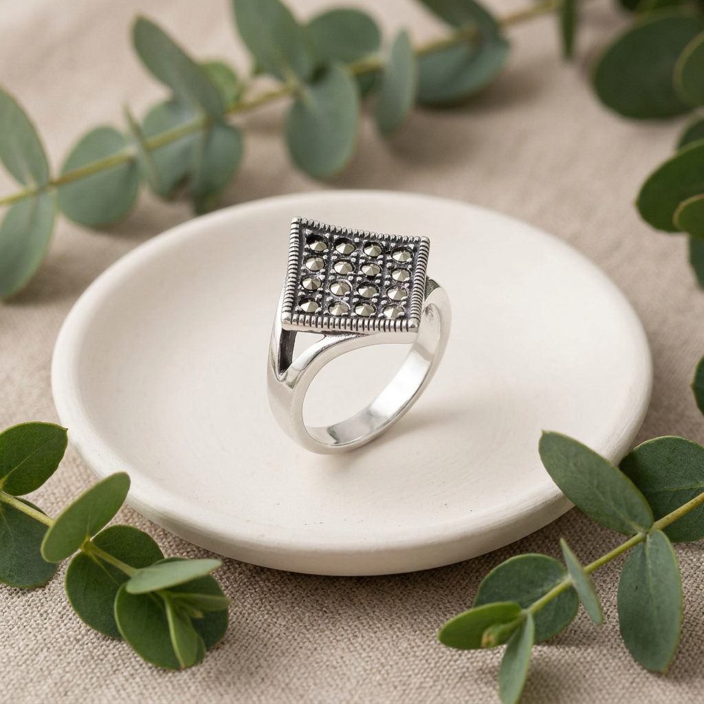 Sterling Silver 3.9mm Marcasite Rhombus Pave Cocktail Ring for Women life2