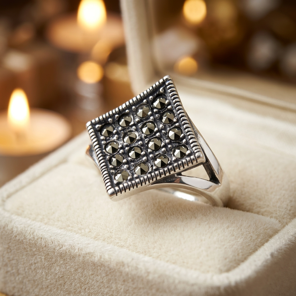 Sterling Silver 3.9mm Marcasite Rhombus Pave Cocktail Ring for Women life3