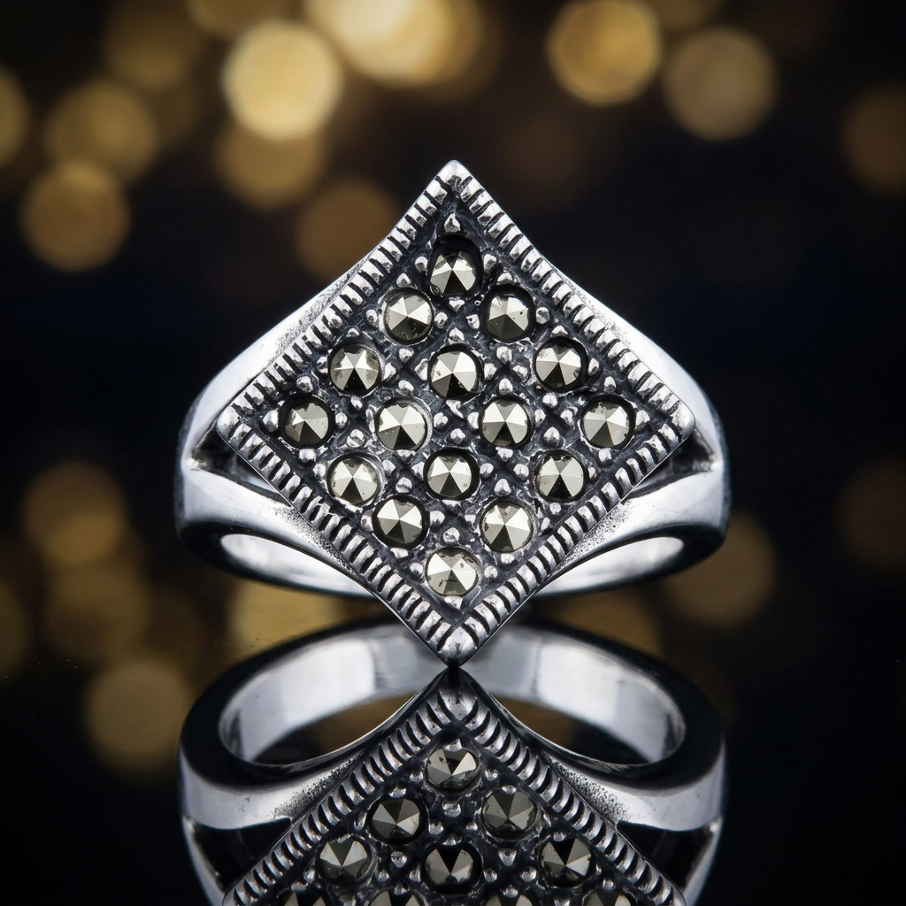 Sterling Silver 3.9mm Marcasite Rhombus Pave Cocktail Ring for Women life4