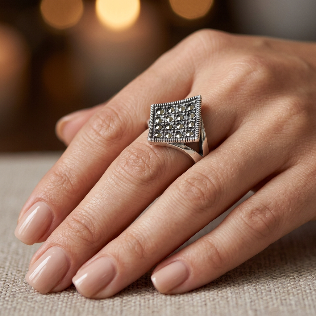 Sterling Silver 3.9mm Marcasite Rhombus Pave Cocktail Ring for Women model