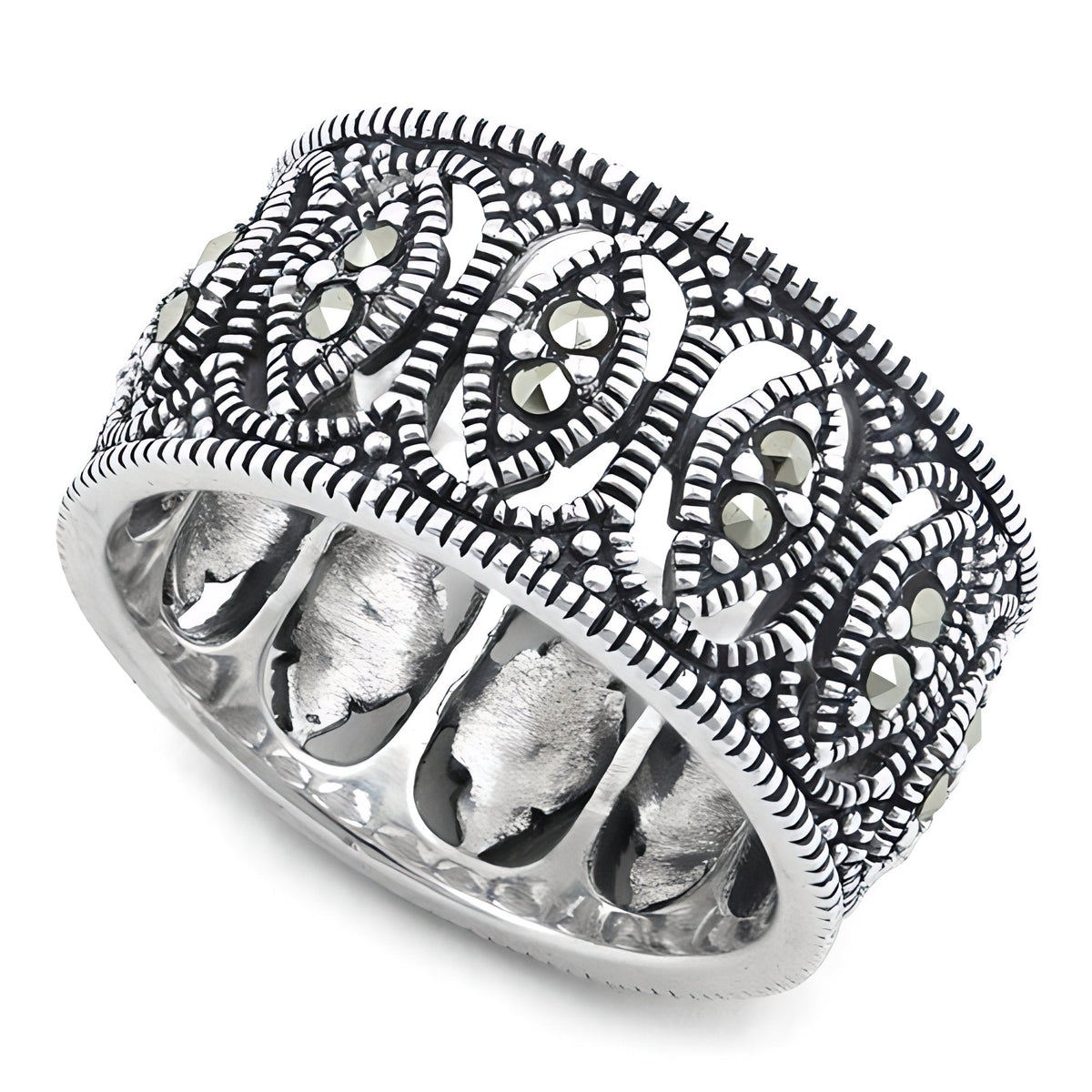 Sterling Silver 10.4mm Marcasite Marquise Openwork Eternity Wide Band Ring for Women