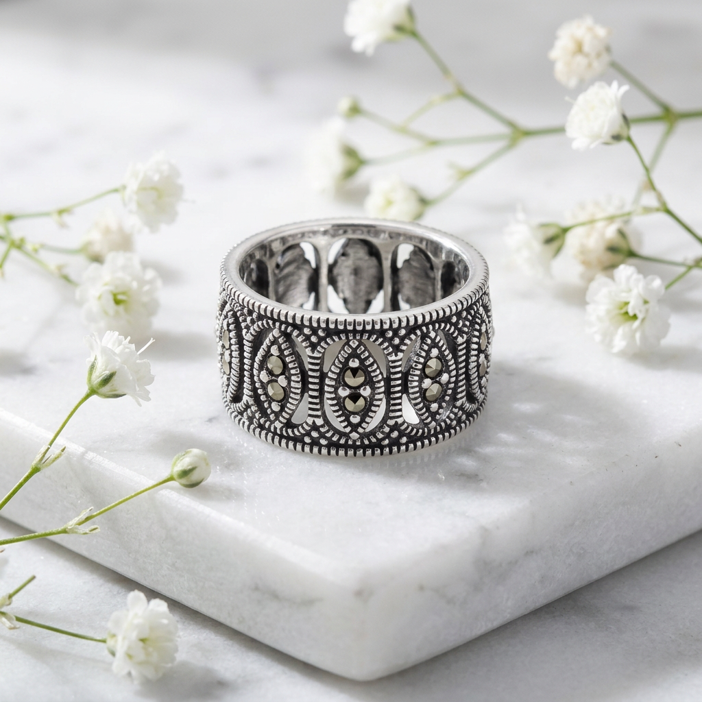 Sterling Silver 10.4mm Marcasite Marquise Openwork Eternity Wide Band Ring for Women life1