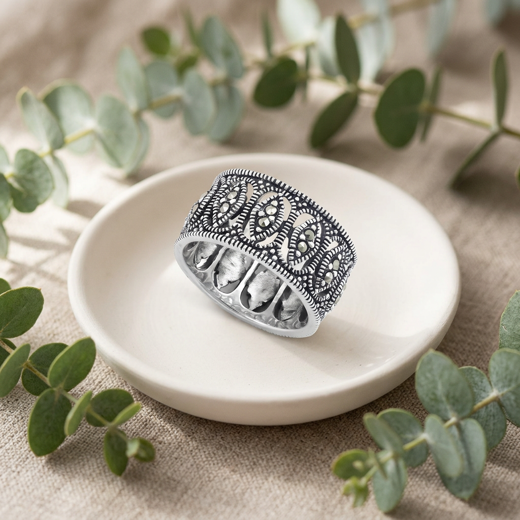 Sterling Silver 10.4mm Marcasite Marquise Openwork Eternity Wide Band Ring for Women life2