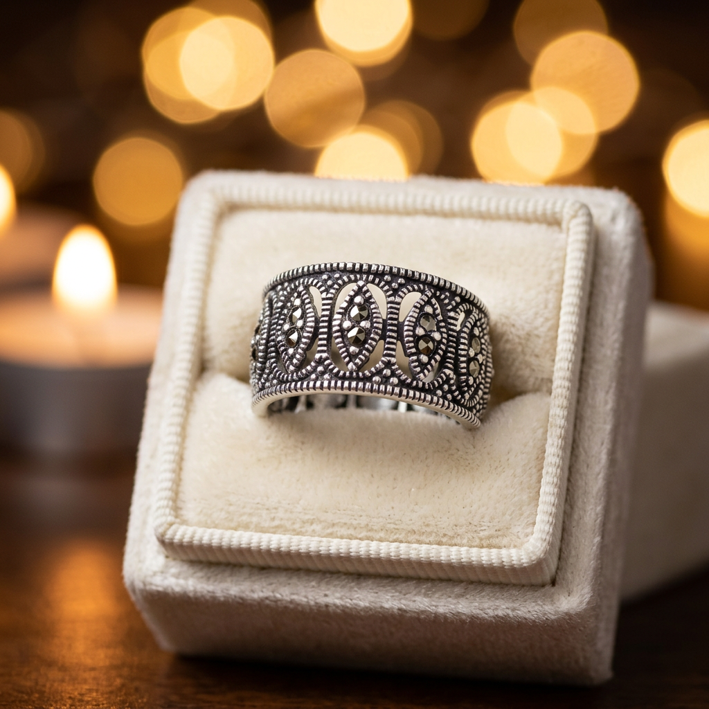 Sterling Silver 10.4mm Marcasite Marquise Openwork Eternity Wide Band Ring for Women life3