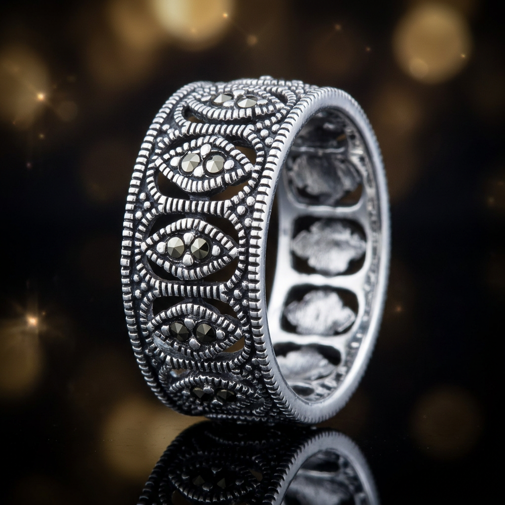 Sterling Silver 10.4mm Marcasite Marquise Openwork Eternity Wide Band Ring for Women life4