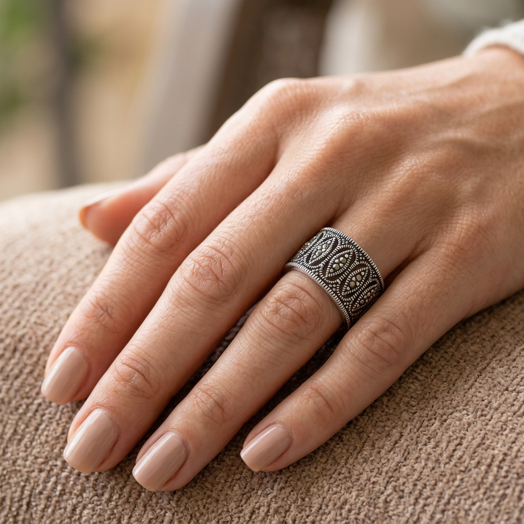 Sterling Silver 10.4mm Marcasite Marquise Openwork Eternity Wide Band Ring for Women model
