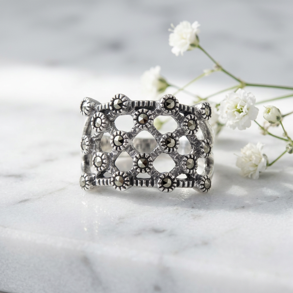 Sterling Silver 5.5mm Marcasite Quilted Lattice Statement Ring for Women life1
