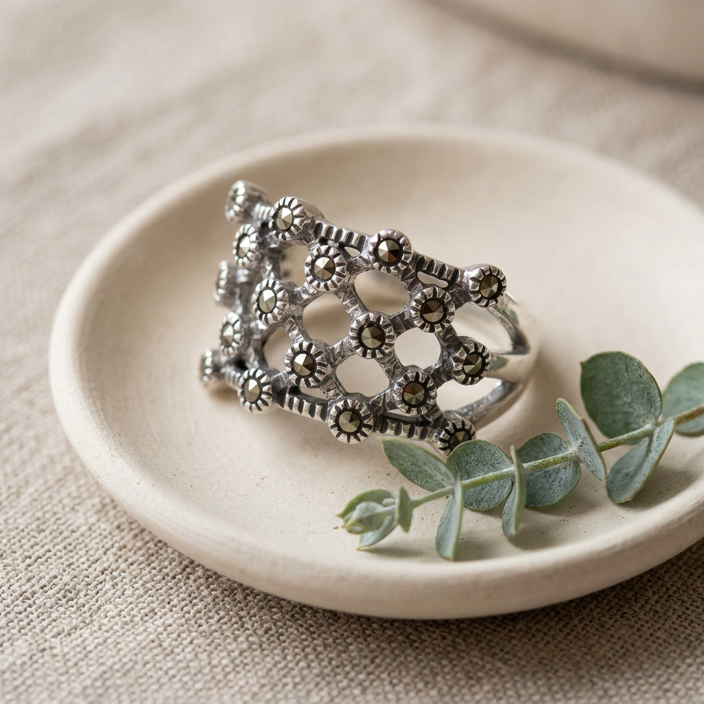Sterling Silver 5.5mm Marcasite Quilted Lattice Statement Ring for Women life2