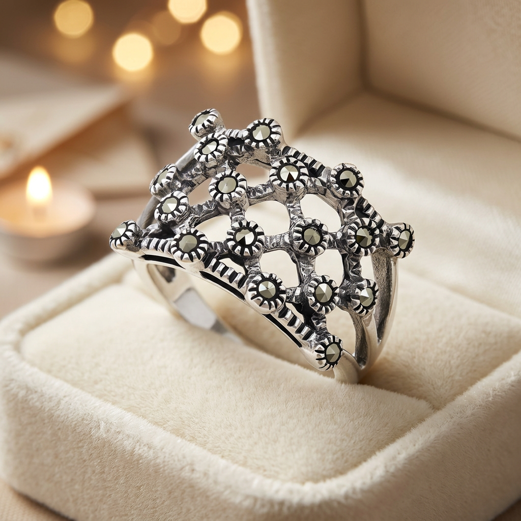 Sterling Silver 5.5mm Marcasite Quilted Lattice Statement Ring for Women life3