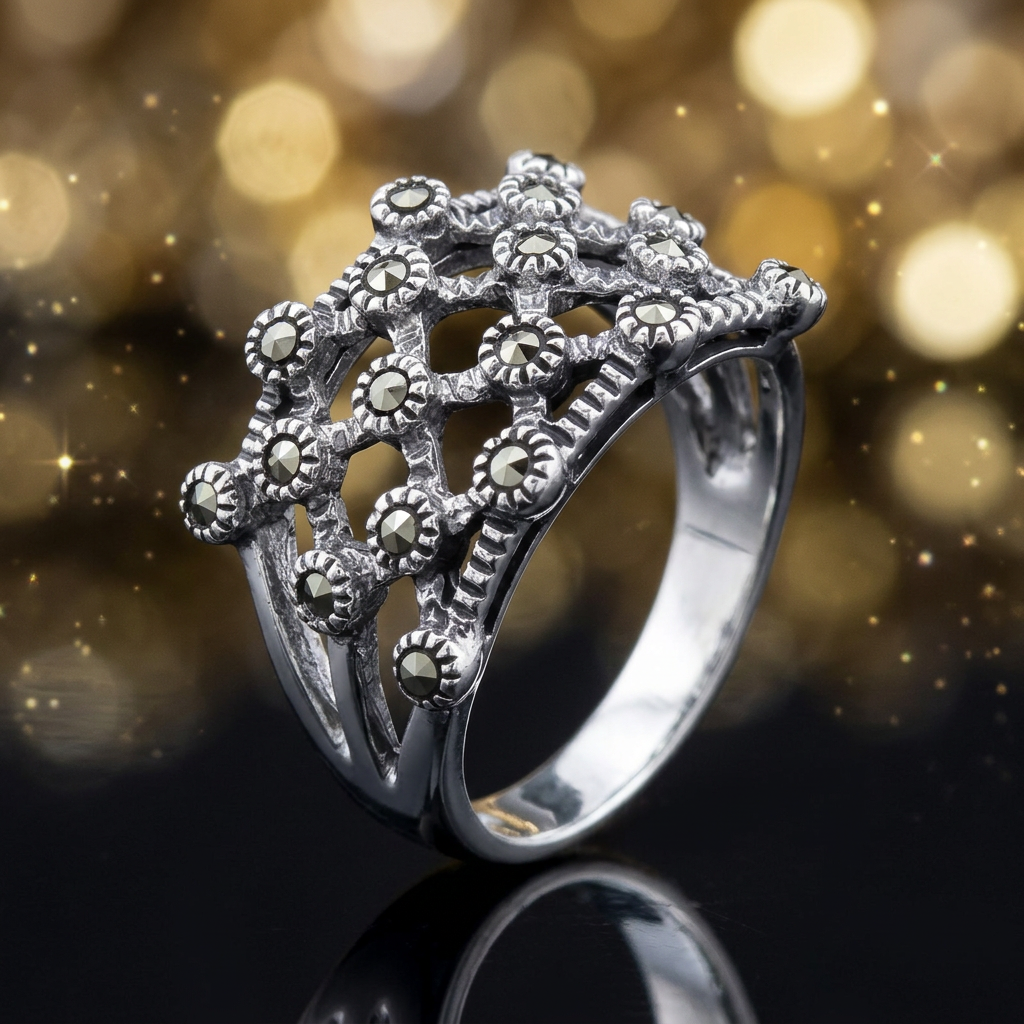 Sterling Silver 5.5mm Marcasite Quilted Lattice Statement Ring for Women life4