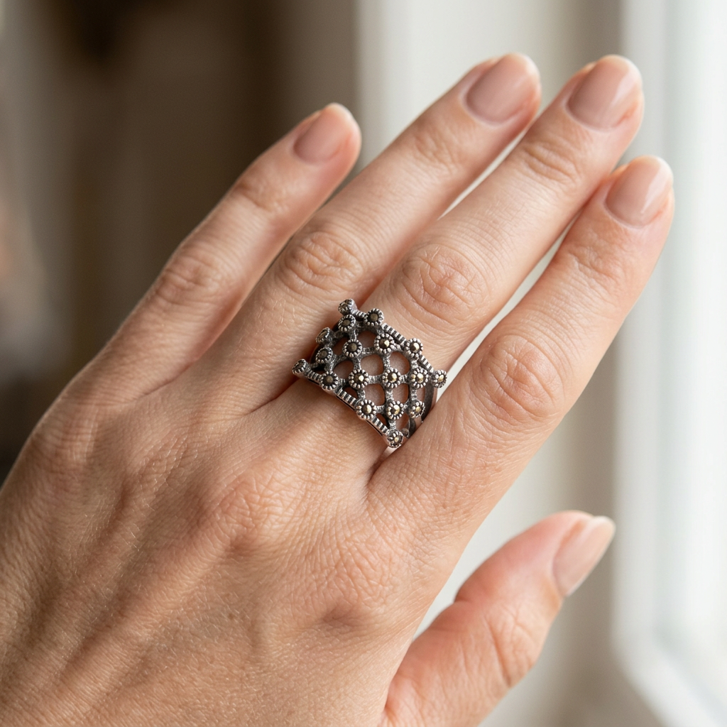 Sterling Silver 5.5mm Marcasite Quilted Lattice Statement Ring for Women model
