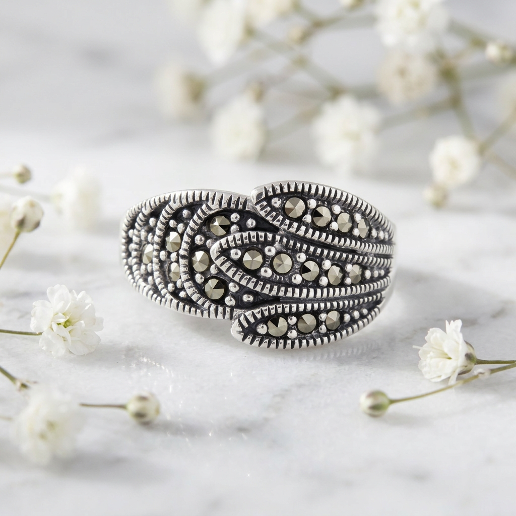 Sterling Silver 4.9mm Marcasite Layered Feather Ring for Women life1