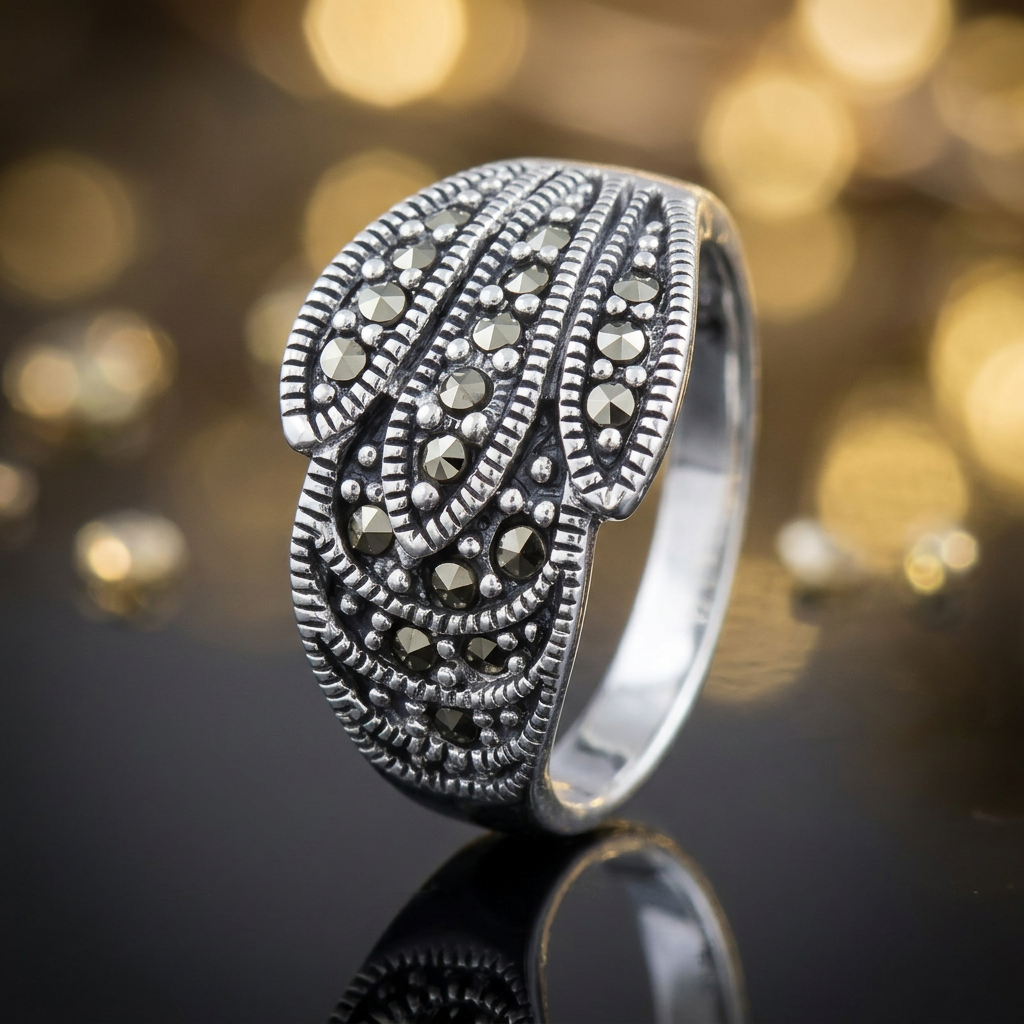 Sterling Silver 4.9mm Marcasite Layered Feather Ring for Women life4