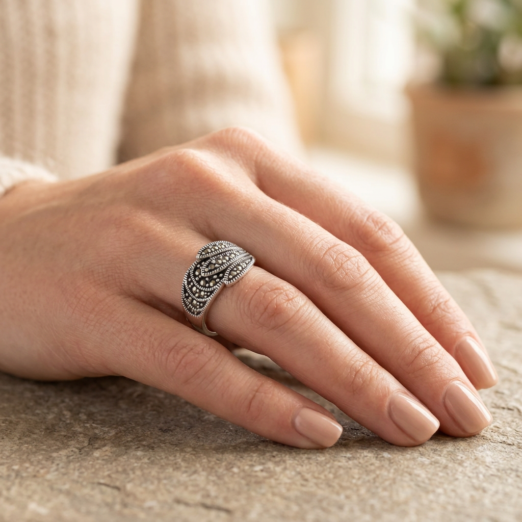 Sterling Silver 4.9mm Marcasite Layered Feather Ring for Women model