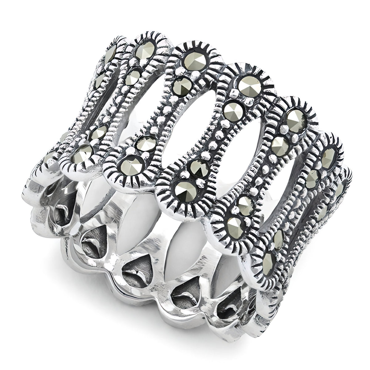 Sterling Silver 13.4mm Wide Marcasite Bone Link Openwork Eternity Band Ring for Women