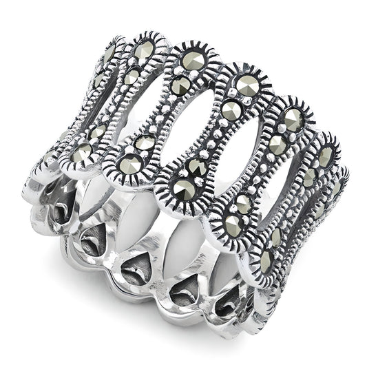 Sterling Silver 13.4mm Wide Marcasite Bone Link Openwork Eternity Band Ring for Women