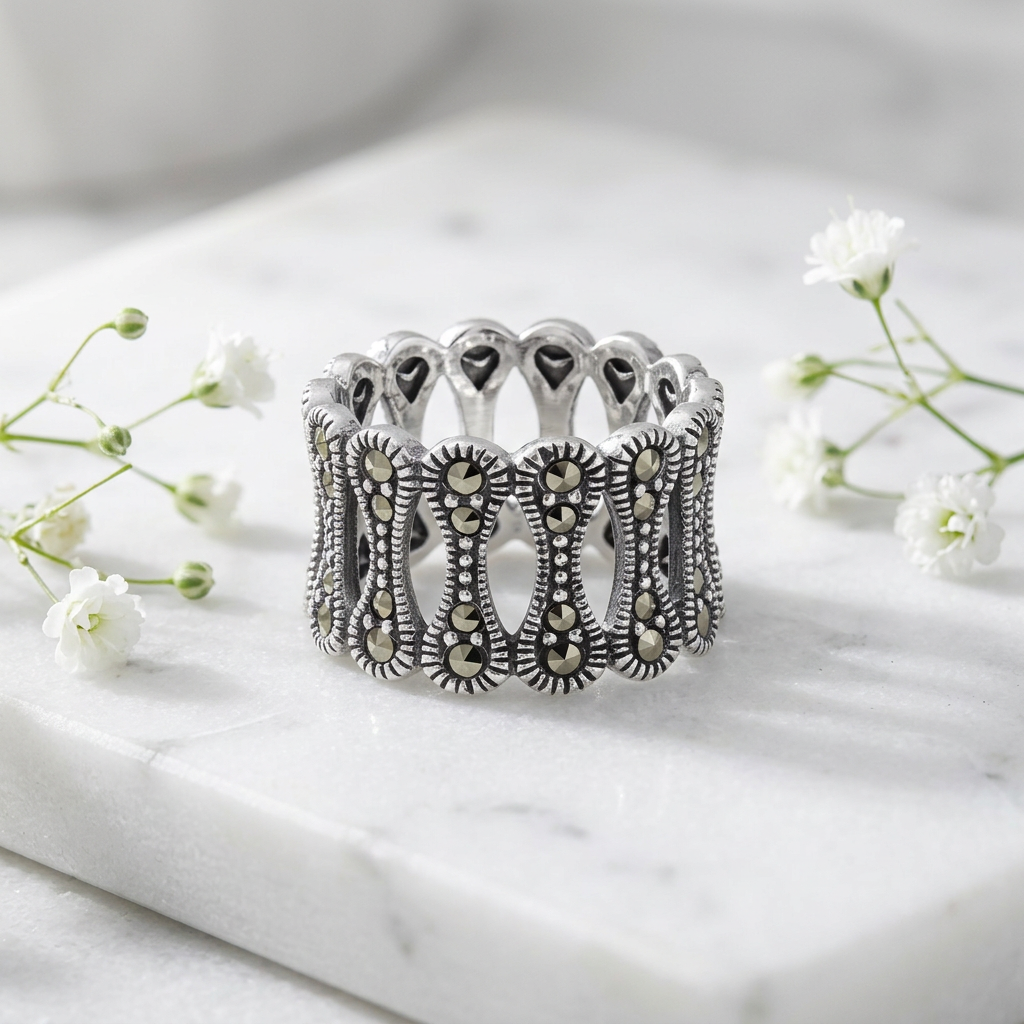 Sterling Silver 13.4mm Wide Marcasite Bone Link Openwork Eternity Band Ring for Women life1