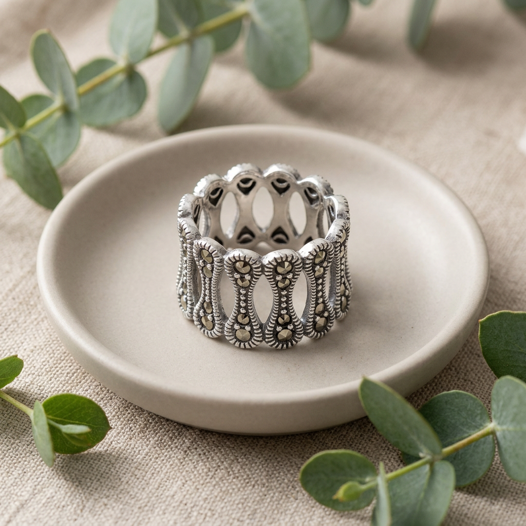 Sterling Silver 13.4mm Wide Marcasite Bone Link Openwork Eternity Band Ring for Women life2