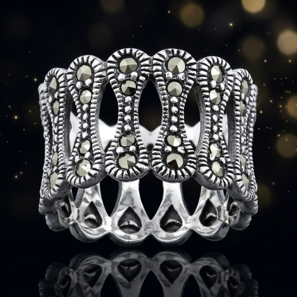 Sterling Silver 13.4mm Wide Marcasite Bone Link Openwork Eternity Band Ring for Women life4
