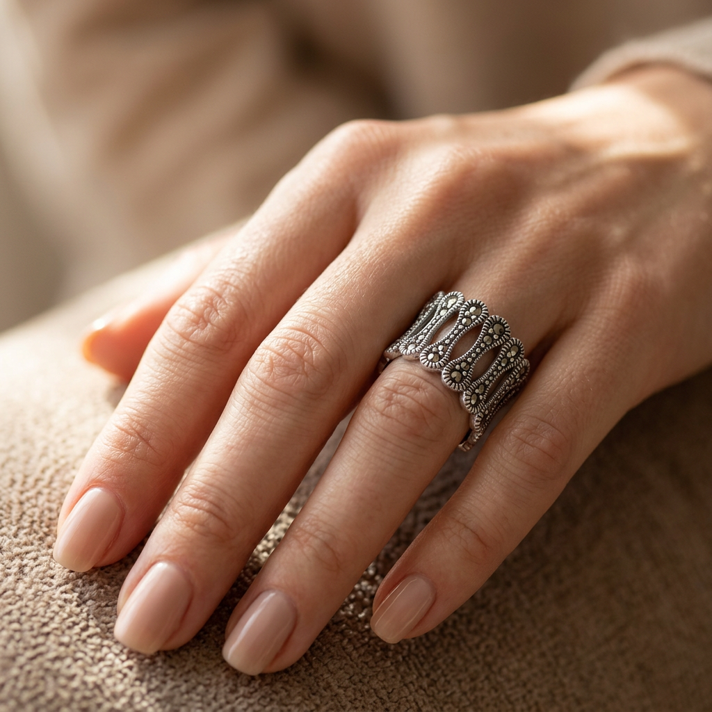 Sterling Silver 13.4mm Wide Marcasite Bone Link Openwork Eternity Band Ring for Women model