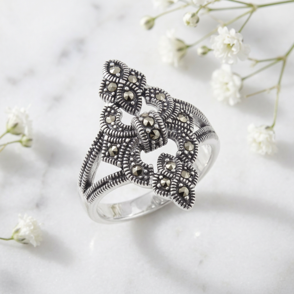 Sterling Silver 3.9mm Marcasite Fleur de Lis Cocktail Ring for Women life1