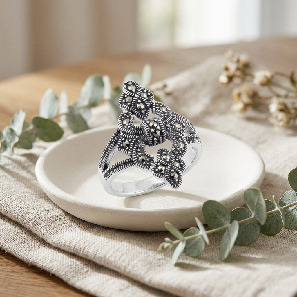 Sterling Silver 3.9mm Marcasite Fleur de Lis Cocktail Ring for Women life2